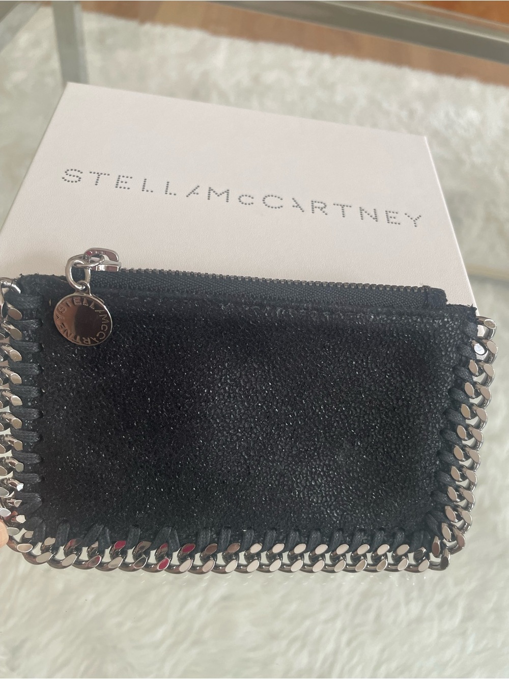 Stella McCartney Falabella Black Card Pouch with Silver Chain Trim